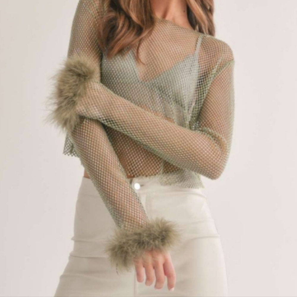 Sheer Mesh Long Sleeve Top with Fur Cuffs - Picture 7 of 7